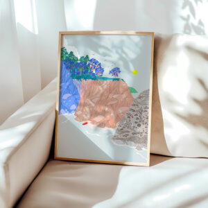 Cliff Stairs art print by Ana de Lima, featuring a vertical coastal landscape with cliffs in blue, earthy and grey tones, brightly coloured trees, a calm sea and a yellow sun.
