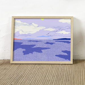 Clouds Reflection art print by Ana de Lima, featuring a landscape in lavender and blue tones, white clouds reflected on the water, small islands and birds on the horizon.