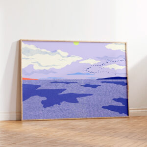 Clouds Reflection art print by Ana de Lima, featuring a seascape in blue and lavender tones, clouds reflected on the water, small islands and a flock of birds.