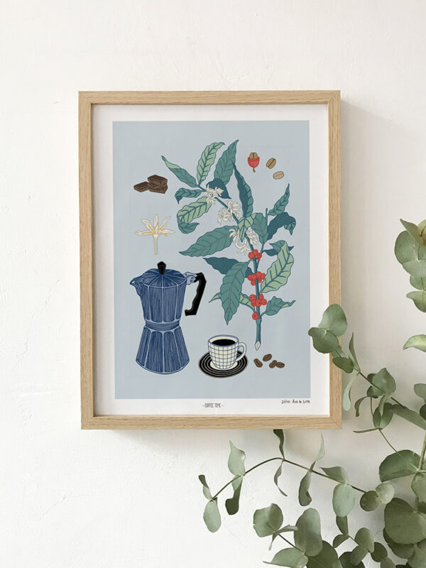 Lámina Coffee Time Blue de Ana de Lima con cafetera italiana azul, taza de café, planta del café con frutos rojos y granos sobre fondo azul claro.