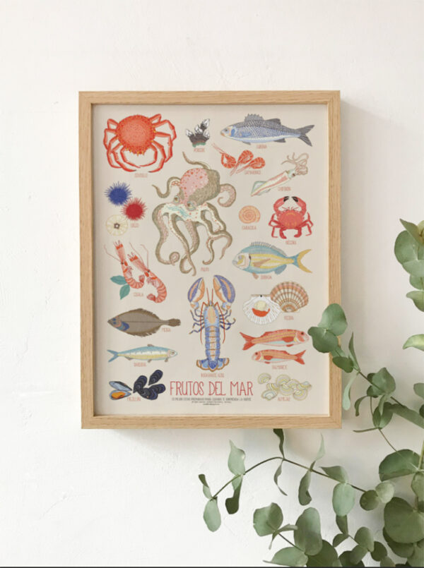Lámina Frutos del Mar de Ana de Lima con ilustraciones de pulpo, centollo, bogavante azul, lubina, sardinas, dorada, chipirón, cigala, mejillones y almejas sobre fondo beige.