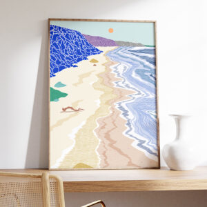 Large-format Tide II artwork by Ana de Lima, featuring a vertical coastal landscape with a beach, blue cliff, sea in soft tones and a sun above the horizon.