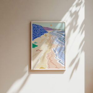 Tide II art print by Ana de Lima, featuring a vertical coastal landscape with a blue cliff, pale sandy beach, moving sea, orange sun and distant mountains.