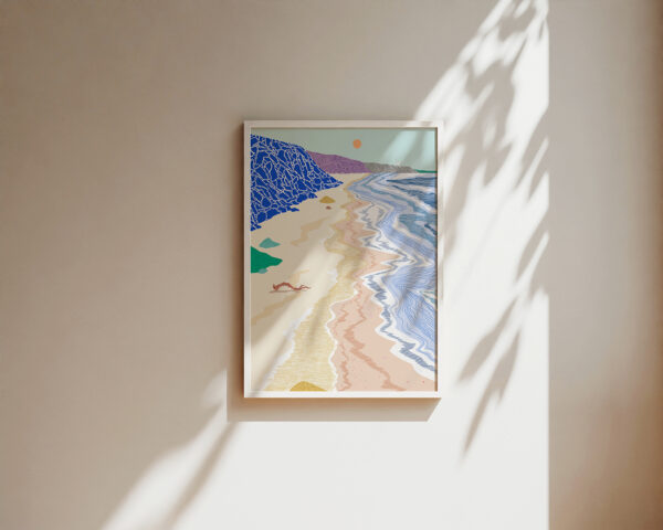 Tide II art print by Ana de Lima, featuring a vertical coastal landscape with a blue cliff, pale sandy beach, moving sea, orange sun and distant mountains.