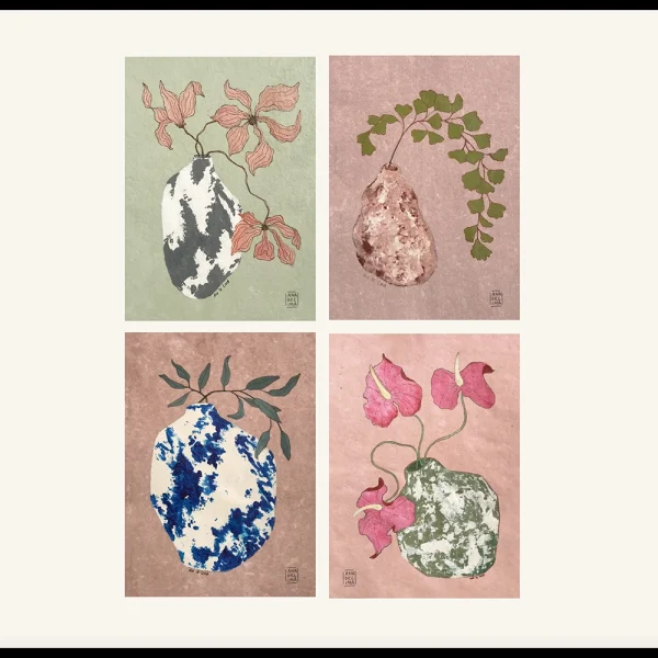 4 postales que muestran flores y plantas en jarrones cerámica - ilustración inspiración japonesa