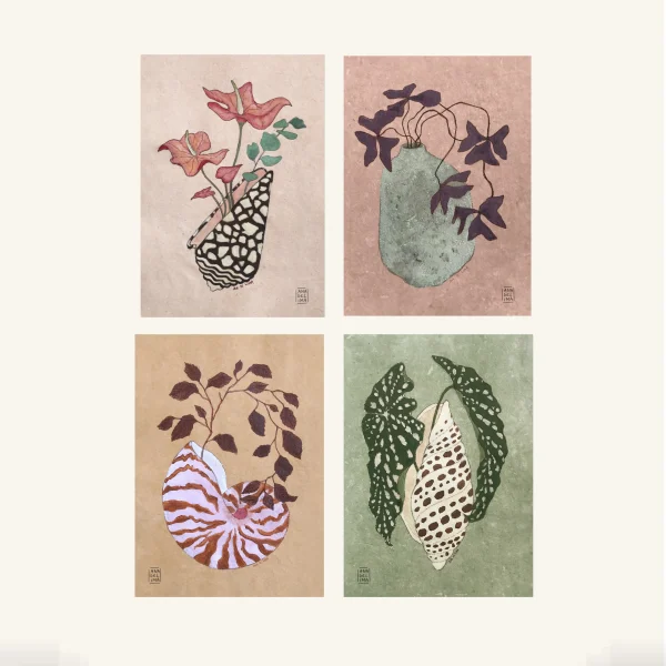 4 postales que muestran flores y plantas en jarrones cerámica - ilustración inspiración japonesa