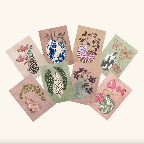 postales que muestran flores y plantas en jarrones cerámica - ilustración inspiración japonesa