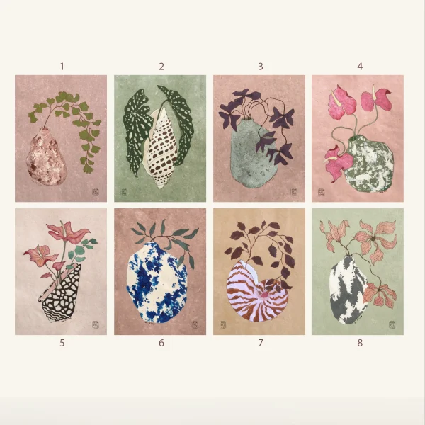 postales que muestran flores y plantas en jarrones cerámica - ilustración inspiración japonesa