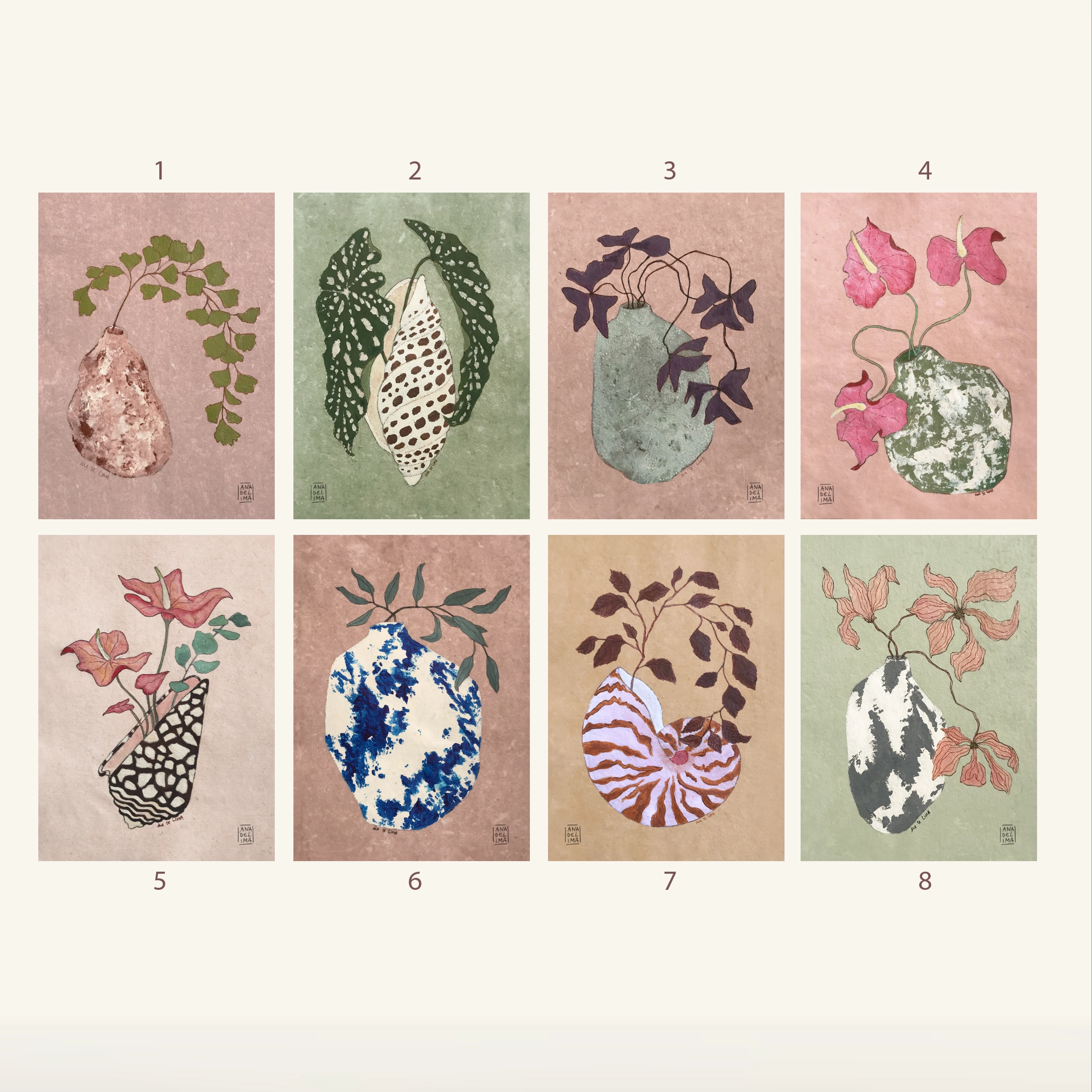 postales que muestran flores y plantas en jarrones cerámica - ilustración inspiración japonesa