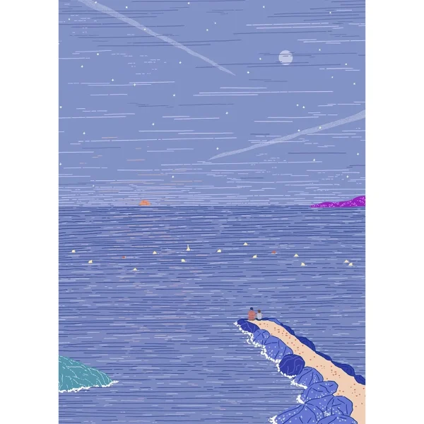 Lámina "Moon Sun",Ilustración de Paisaje Marítimo Nocturno, Impresión Artística de Edición Limitada Gicleé, Decoración de Pared