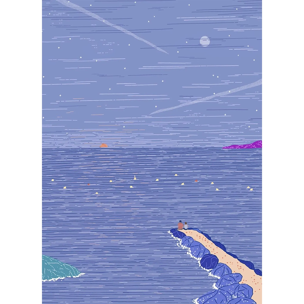 Lámina "Moon Sun",Ilustración de Paisaje Marítimo Nocturno, Impresión Artística de Edición Limitada Gicleé, Decoración de Pared