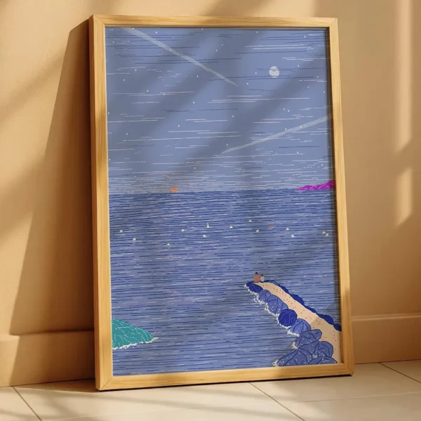 Lámina "Moon Sun",Ilustración de Paisaje Marítimo Nocturno, Impresión Artística de Edición Limitada Gicleé, Decoración de Pared