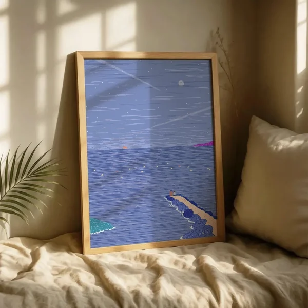 Lámina "Moon Sun",Ilustración de Paisaje Marítimo Nocturno, Impresión Artística de Edición Limitada Gicleé, Decoración de Pared