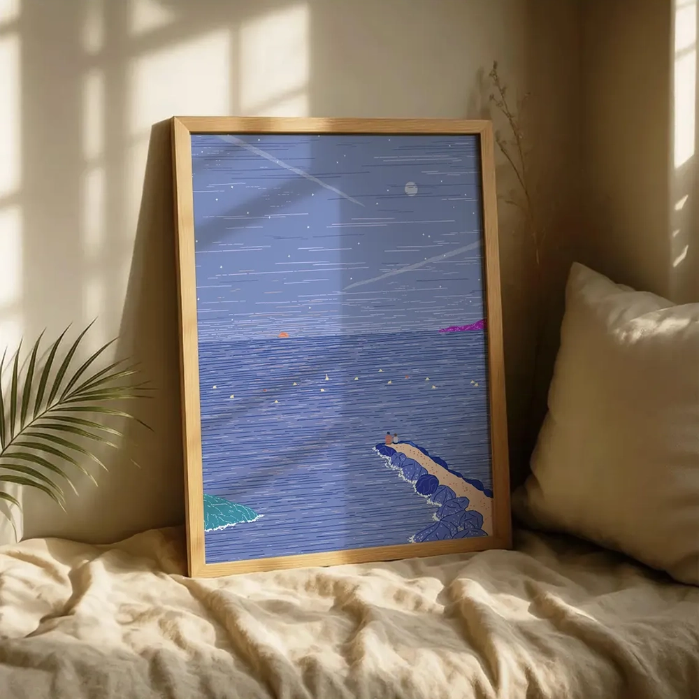 Lámina "Moon Sun",Ilustración de Paisaje Marítimo Nocturno, Impresión Artística de Edición Limitada Gicleé, Decoración de Pared