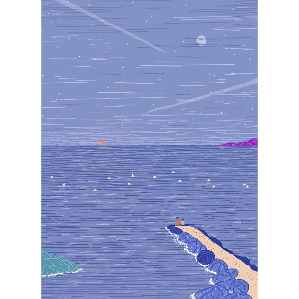 Moon sun - cotton canvas wall art deco ,ilustración paisaje playa nocturno ,sunset ilustración , print gran formato