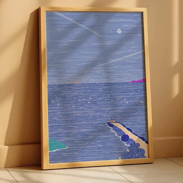 Moon sun - cotton canvas wall art deco ,ilustración paisaje playa nocturno ,sunset ilustración , print gran formato